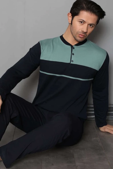 Yaka Düğmeli Çift Renk Erkek Pijama Takımı Lacivert Yeşil - Resim 2