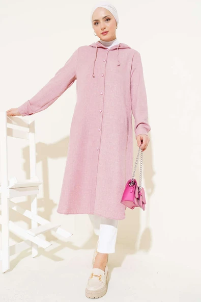 Kapüşonlu Düğmeli Uzun Kap Pudra ürün görseli 1