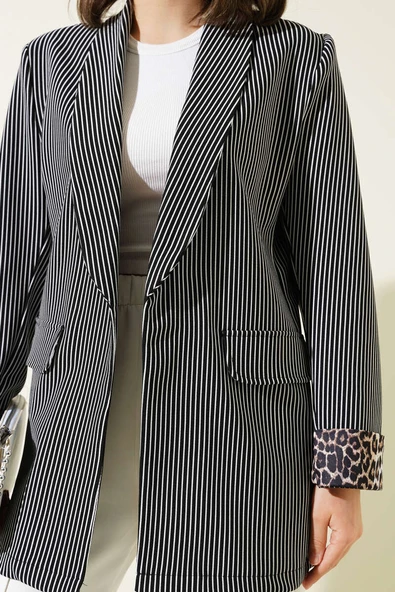 Manşet Detaylı Çizgili Blazer Ceket Siyah - 4