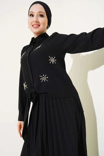 Taşlı Önü Bağlamalı Etekli İkili Takım Siyah - Resim 2