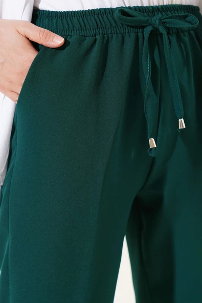 Beli Lastikli Dar Paça Pantolon Zümrüt Yeşili - Resim 4