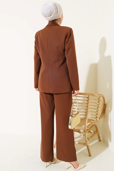 Saten Garnili Ceket İkili Takım Kahve - Resim 3