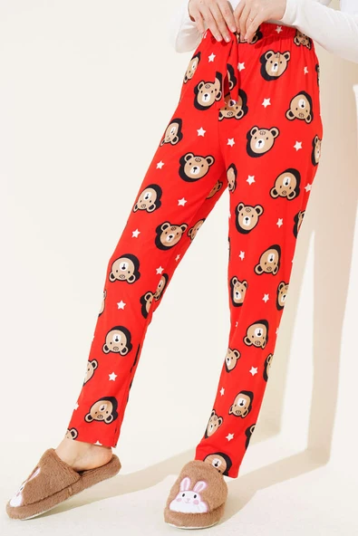 Desenli Süet Pijama Altı Kırmızı Ayıcık