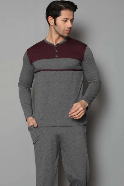 Yaka Düğmeli Çift Renk Erkek Pijama Takımı Füme Bordo - 2