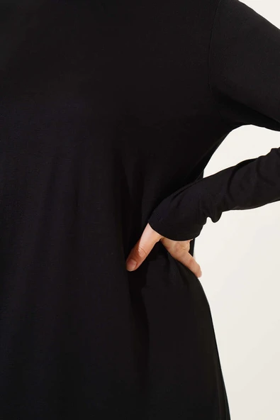 Bisiklet Yaka Penye Elbise Siyah - 4