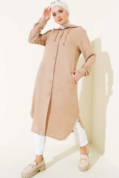 Kapüşonlu Düğmeli Uzun Kap Bej - Resim 2