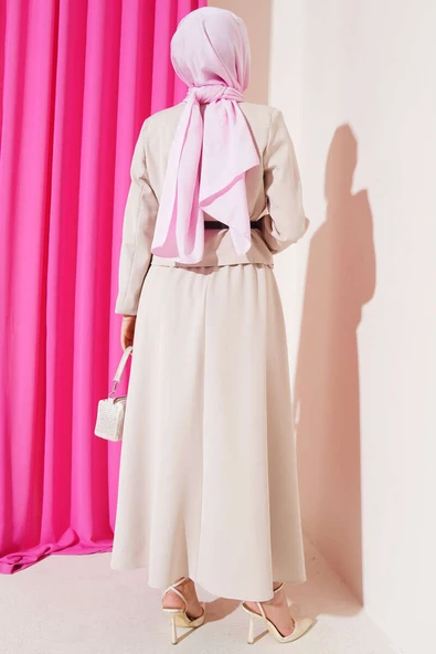 Çapraz Düğmeli Etekli İkili Takım Bej - Resim 3