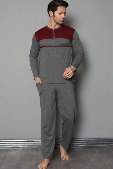 Yaka Düğmeli Çift Renk Erkek Pijama Takımı Füme - 1