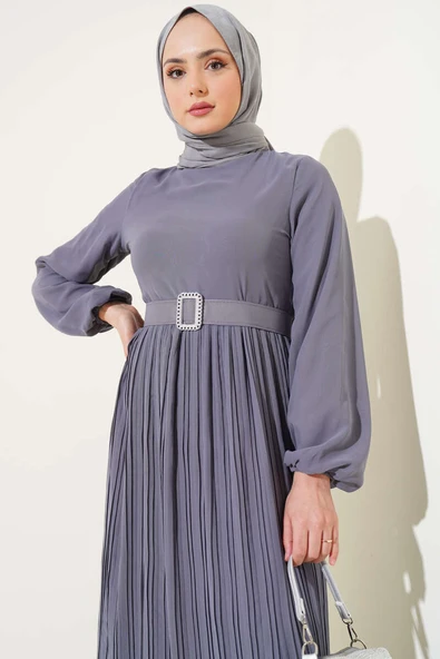 Piliseli Fırfırlı Kuşaklı Şifon Elbise Gri - Resim 2