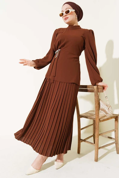 Pilise Etekli Tunik İkili Takım Kahve ürün görseli 1