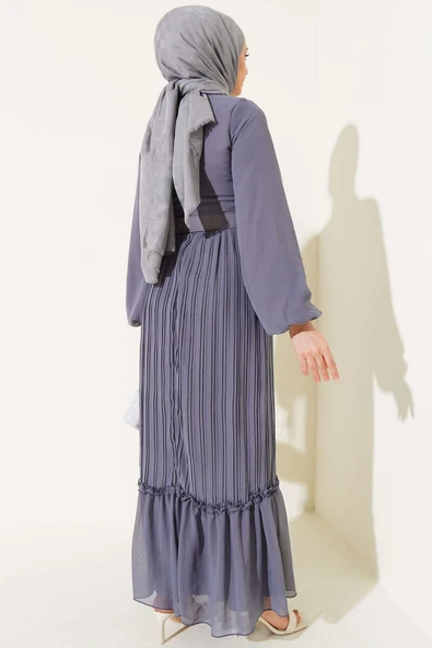 Piliseli Fırfırlı Kuşaklı Şifon Elbise Gri - Resim 3