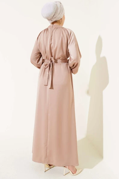 Kuşaklı Balon Kol Saten Abiye Elbise Bej - Resim 3