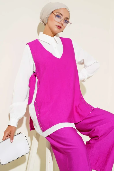Yanları Bağlamalı Üçlü Takım Fuşya - Resim 2