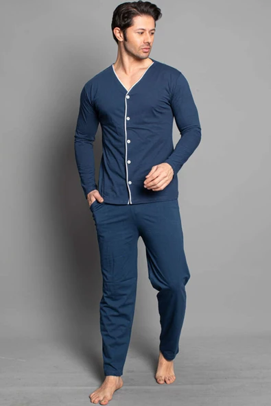 Uzun Kol Boydan Düğmeli Erkek Pijama Takımı İndigo Gri