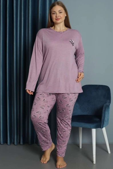 Nakışlı Desenli Viskon Büyük Beden Pijama Takım Lila ürün görseli 1