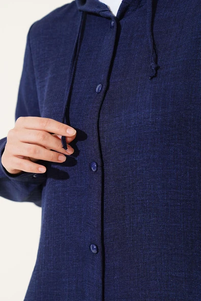 Kapüşonlu Düğmeli Uzun Kap Lacivert - Resim 4