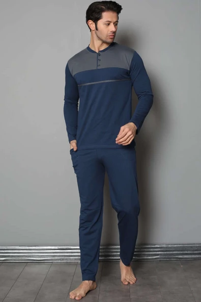 Yaka Düğmeli Çift Renk Erkek Pijama Takımı İndigo