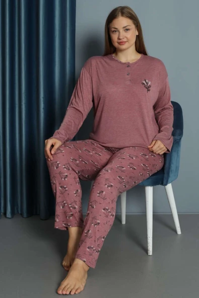 Nakışlı Desenli Viskon Büyük Beden Pijama Takım Gül Kurusu
