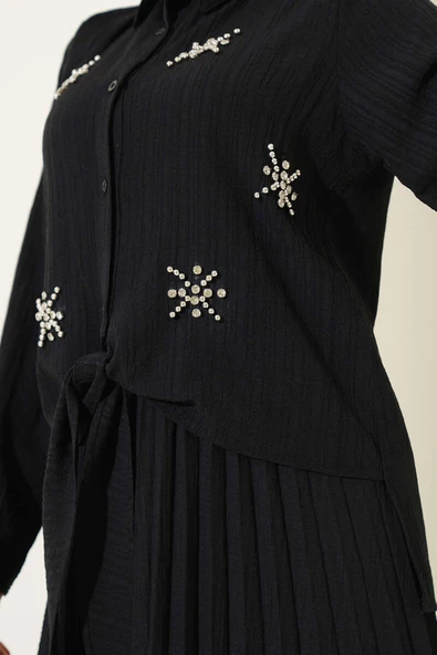 Taşlı Önü Bağlamalı Etekli İkili Takım Siyah - Resim 4