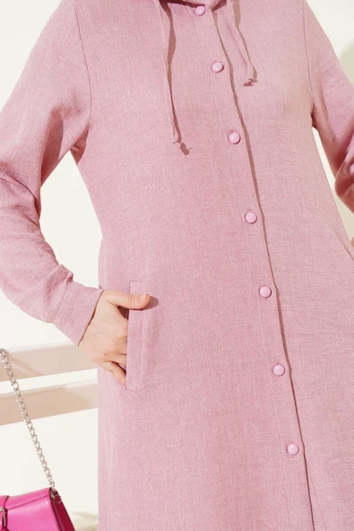 Kapüşonlu Düğmeli Uzun Kap Pudra - Resim 4