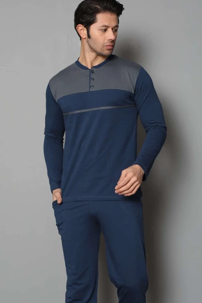 Yaka Düğmeli Çift Renk Erkek Pijama Takımı İndigo - 2