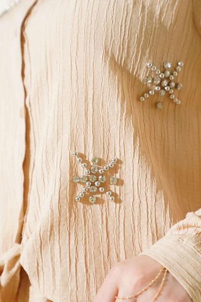 Taşlı Önü Bağlamalı Etekli İkili Takım Bej - Resim 4