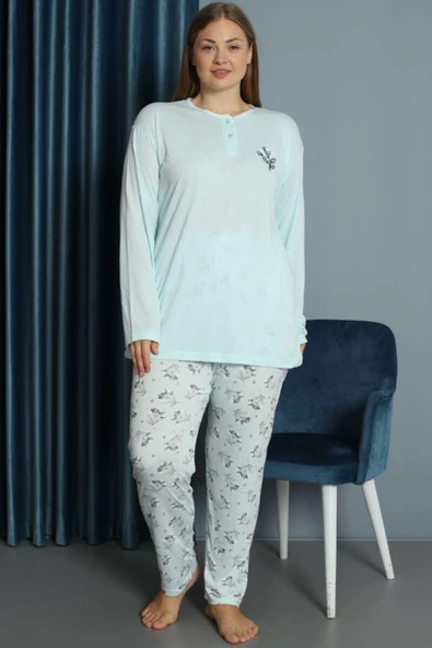 Nakışlı Desenli Viskon Büyük Beden Pijama Takım Buz Mavisi - 1