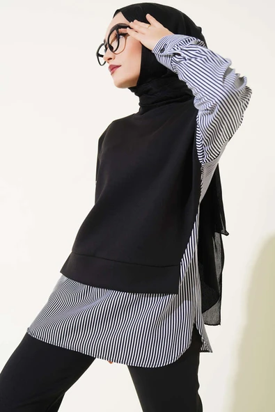 Çizgili Garnili Tunik İkili Takım Siyah - Resim 2