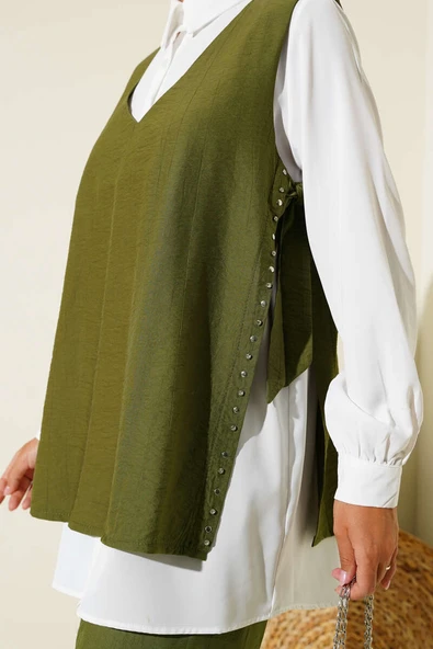 Yanları Bağlamalı Üçlü Takım Haki - Resim 4