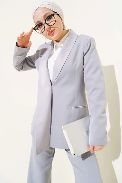 Saten Garnili Ceket İkili Takım Gri - Resim 2