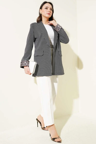Manşet Detaylı Çizgili Blazer Ceket Siyah - 2