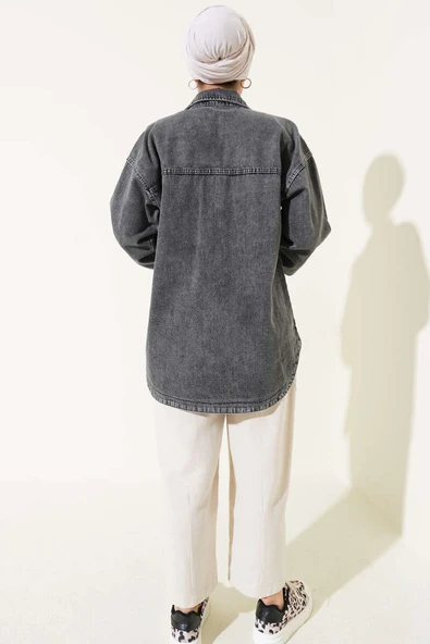 Sıra Taşlı Cepli Kot Ceket Füme - Resim 3