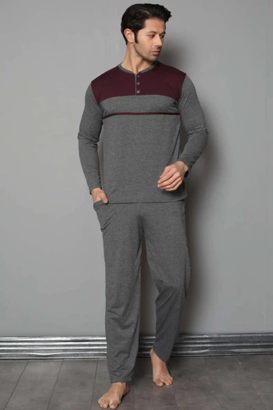 Yaka Düğmeli Çift Renk Erkek Pijama Takımı Füme Bordo - 1