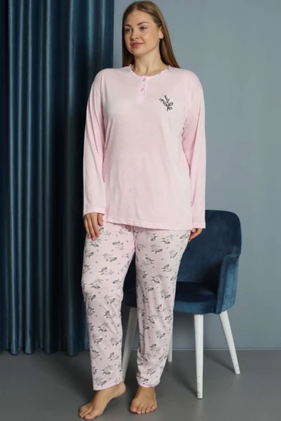 Nakışlı Desenli Viskon Büyük Beden Pijama Takım Pembe ürün görseli 1