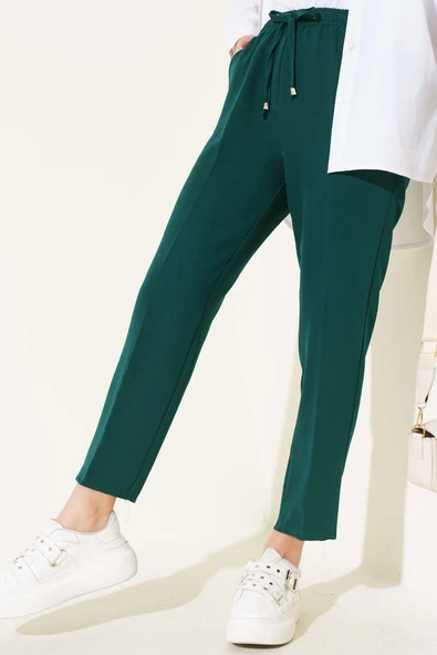 Beli Lastikli Dar Paça Pantolon Zümrüt Yeşili - Resim 2