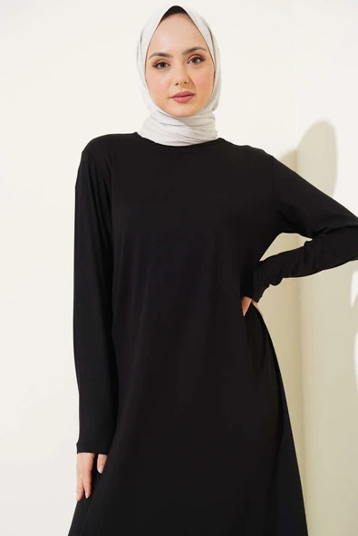 Bisiklet Yaka Penye Elbise Siyah - 2