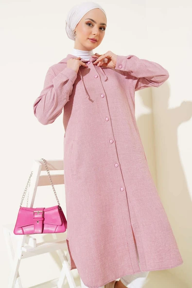 Kapüşonlu Düğmeli Uzun Kap Pudra - Resim 2