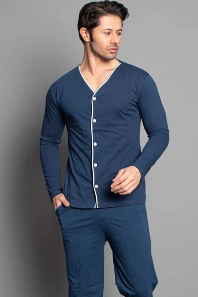 Uzun Kol Boydan Düğmeli Erkek Pijama Takımı İndigo Gri - Resim 2
