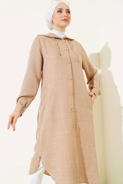 Kapüşonlu Düğmeli Uzun Kap Bej ürün görseli 1