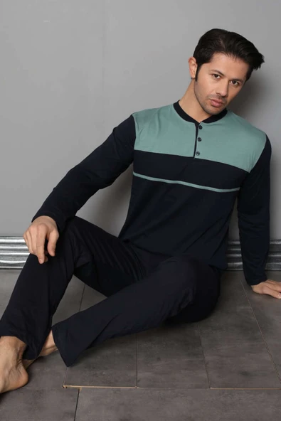 Yaka Düğmeli Çift Renk Erkek Pijama Takımı Lacivert Yeşil ürün görseli 1