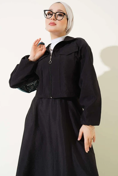 Fermuarlı Cep Kapaklı Etekli Takım Siyah - Resim 2