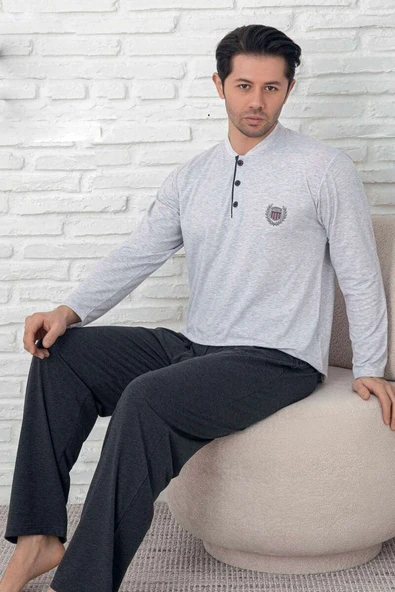 Düğmeli Armalı Erkek Pijama Takımı Gri