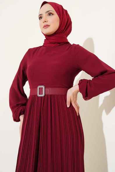 Piliseli Fırfırlı Kuşaklı Şifon Elbise Bordo - 2