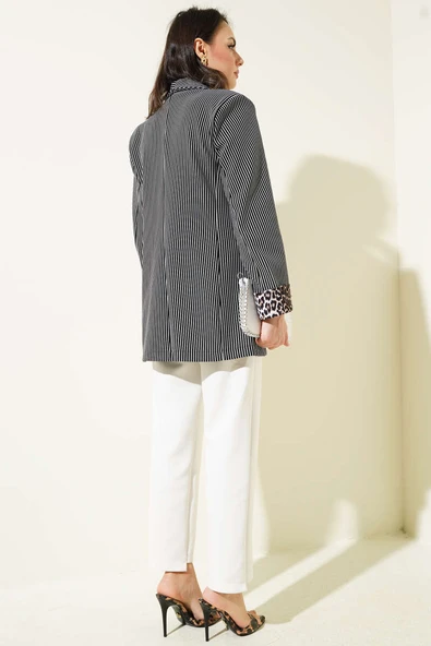 Manşet Detaylı Çizgili Blazer Ceket Siyah - 3