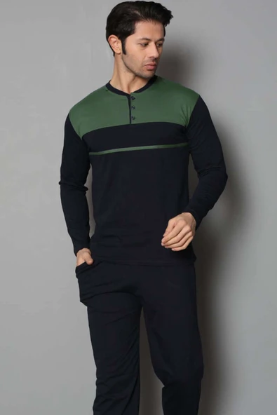 Yaka Düğmeli Çift Renk Erkek Pijama Takımı Lacivert Haki - Resim 2