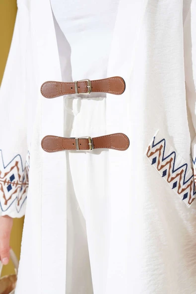 Kemer Bağlamalı Nakışlı Kimono Beyaz - 4