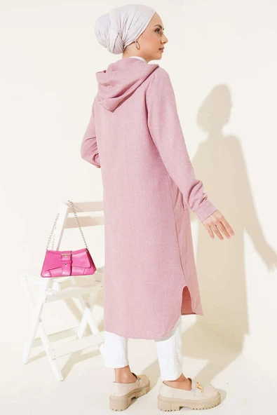Kapüşonlu Düğmeli Uzun Kap Pudra - Resim 3
