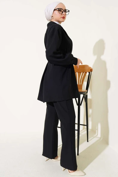 Kruvaze Yaka Kuşaklı İkili Takım Siyah - Resim 3