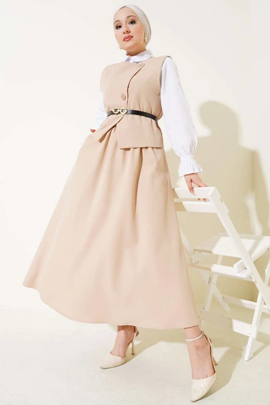 Çapraz Düğmeli Kemerli Etekli İkili Takım Latte ürün görseli 1