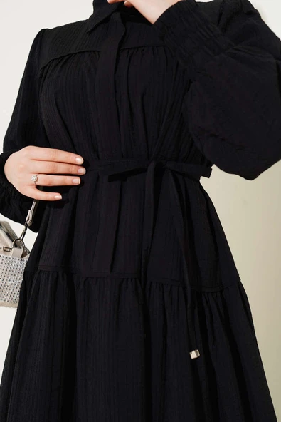 Yarım Gizli Düğmeli İp Bağcıklı Elbise Siyah - Resim 4